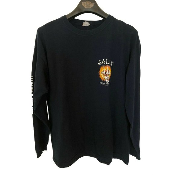Yazbek Harley Davidson Dark Blue Long Sleeve T Shirt Skeleton Hand Flame Design - Picture 1 of 7